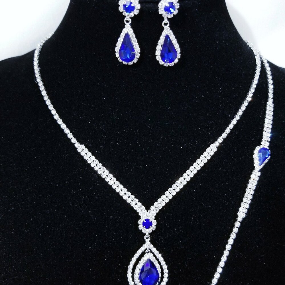 3PC Silver, Royal Blue Rhinestones Necklace Earring & Bracelet Bridal Set 19054